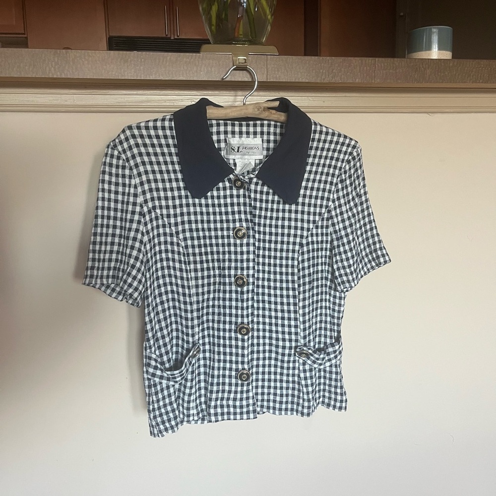 S.L. Fashions Navy and White Checkered Blouse